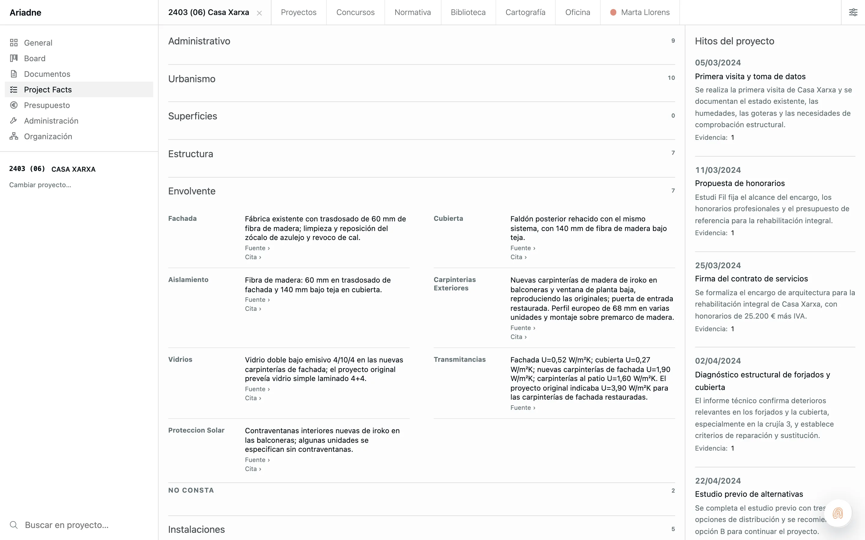 Captura de Ariadne: Datos del proyecto